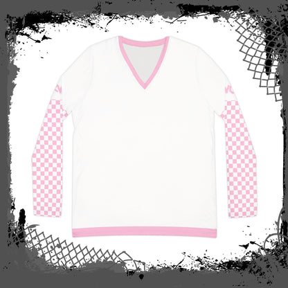 White "Pink Fink" Women's Long Sleeve V-neck Shirt